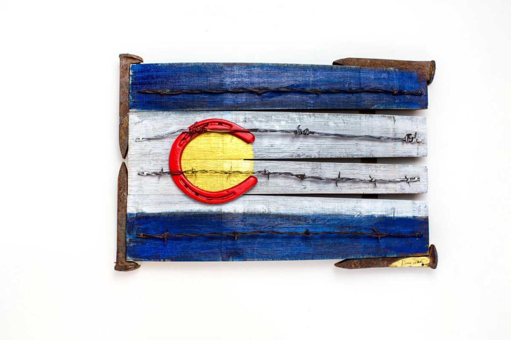 Colorado Flag, sculpture, barbed wire, horshoe, antique railroad spikes
