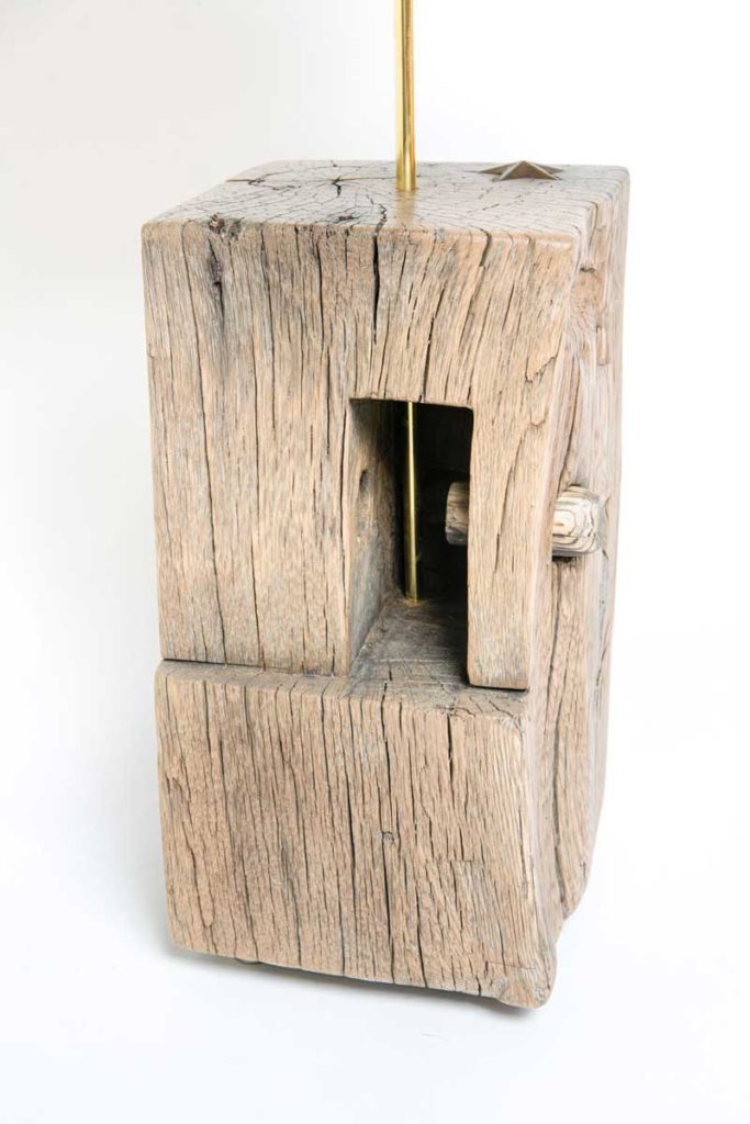 Bronze Lamp detail of hand hewn wood