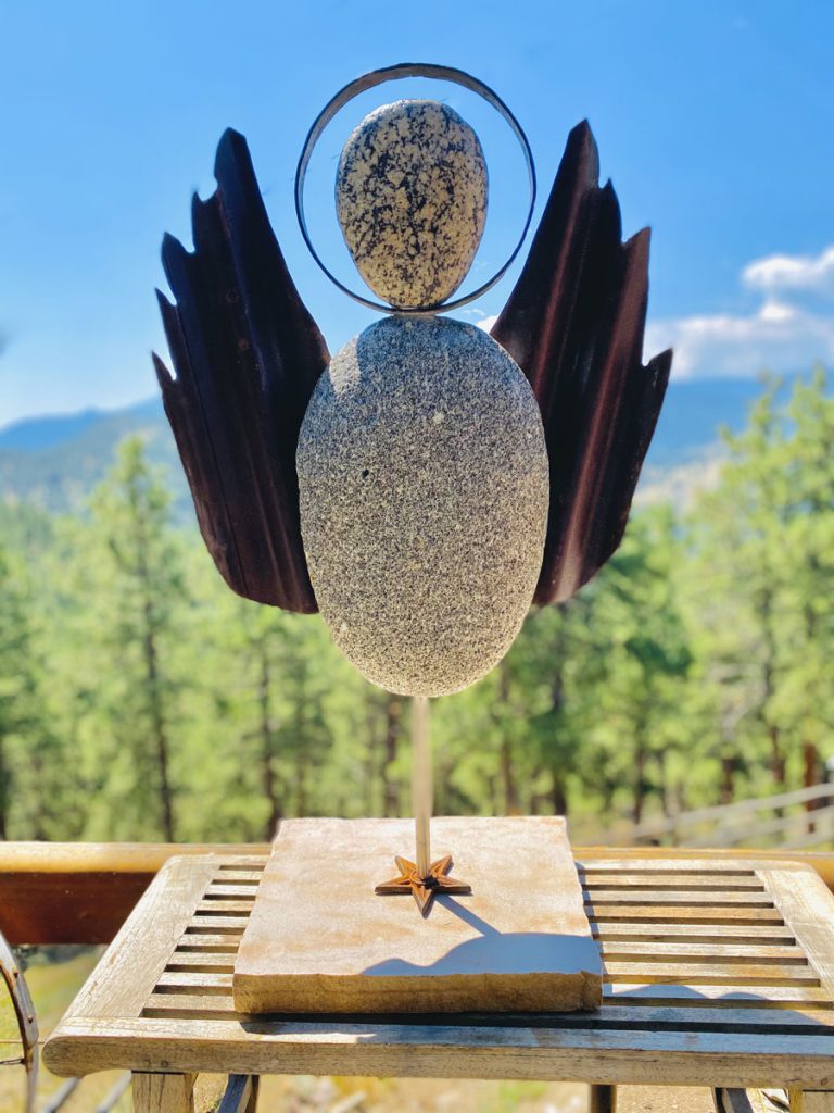 River Angel, Natural Rock with corrugated metal wings, angelic halo - sculpture for indoors or outside