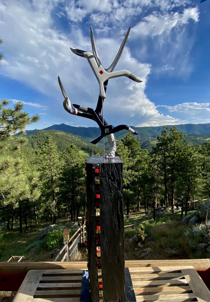 Wings Over Color - beautiful artistic display of color and natural elements, Antler, hand hewn wood, carbed birds
